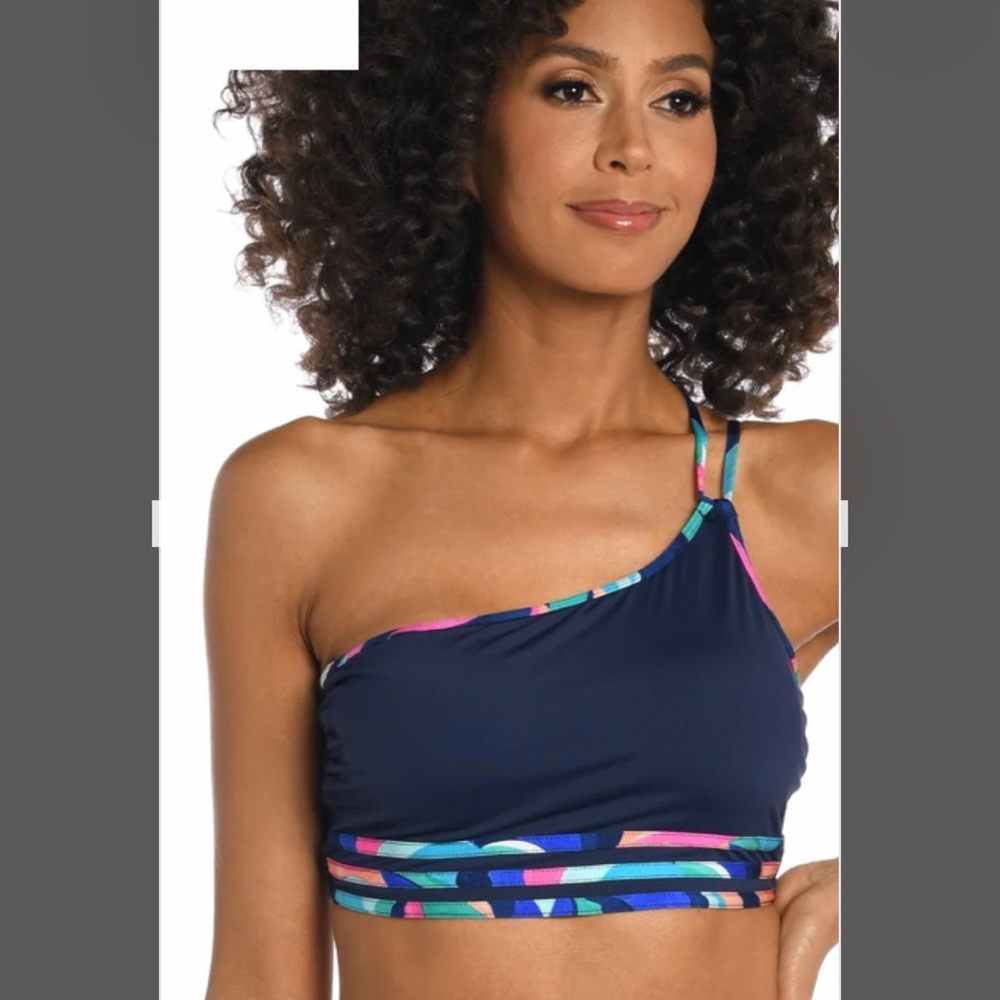 La Blanca One-Shoulder Swim Top - Navy and Multicolor size 10 NWT